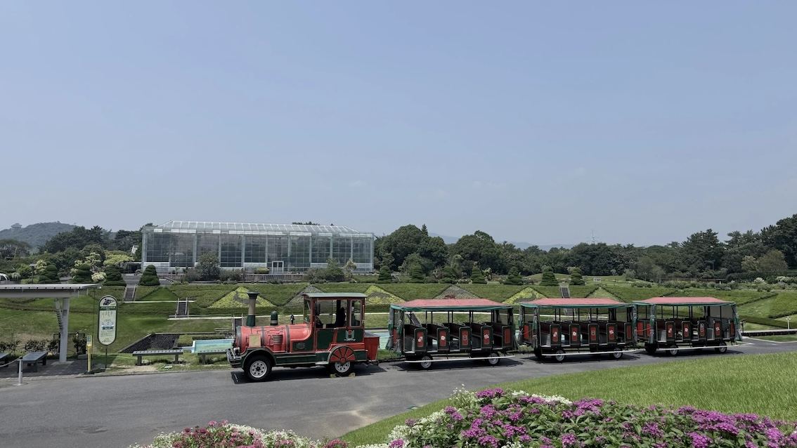 花卉公園的大溫室和園內遊園車