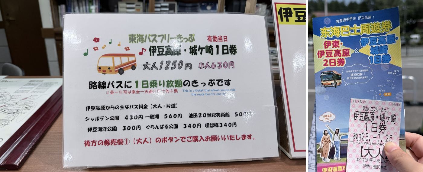 左:伊豆高原站的 1 日券說明;右:我買的 1 日券和周遊券簡介