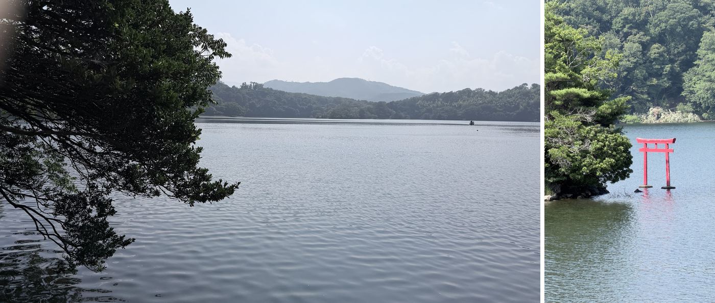 左:一碧湖;右:湖中的紅鳥居