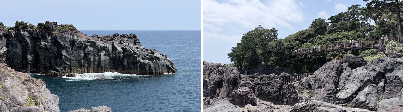 左:黑色熔岩斷崖;右:門脇吊橋