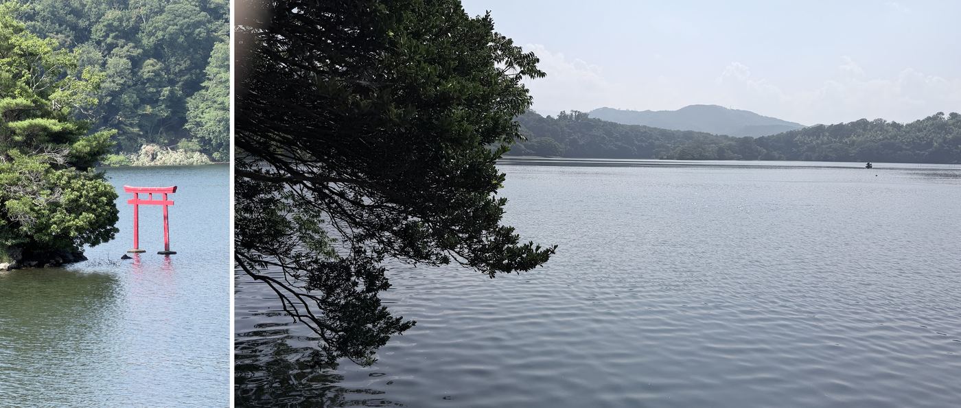左:湖中的紅鳥居;右:安靜的一碧湖