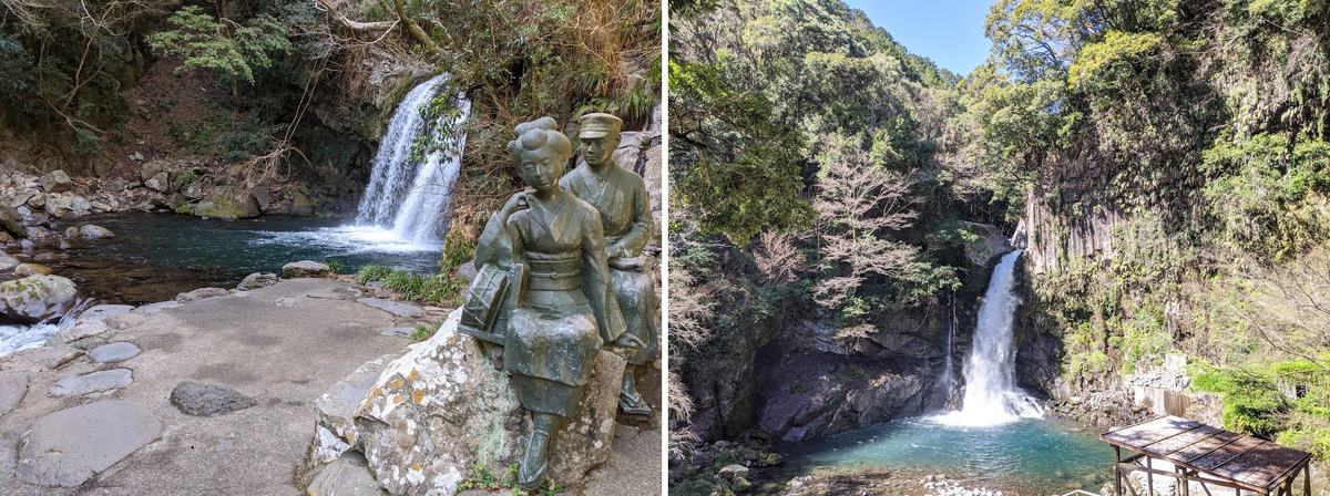 河津七瀑布:左邊是初景滝前的「踊子與我」銅像,右邊是最大的大滝