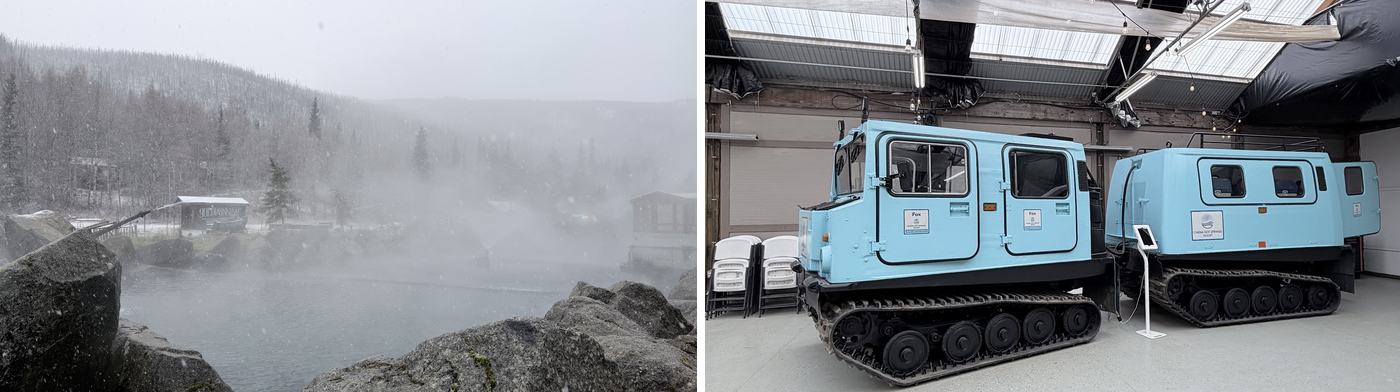 左:冒著白煙的露天溫泉;右:度假村裡展示的雪地車