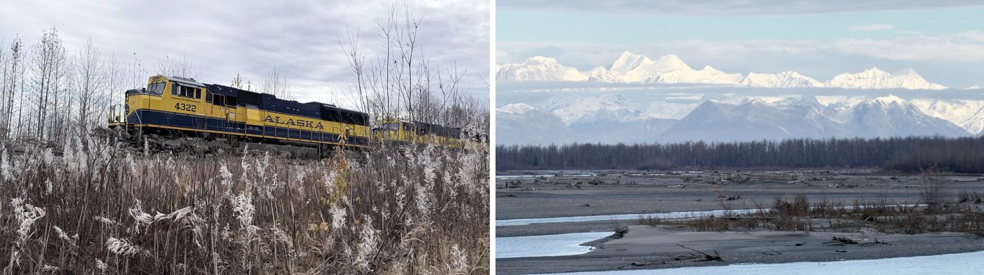 左:藍黃配色的阿拉斯加鐵路火車頭;右:車窗外的雪山和河谷