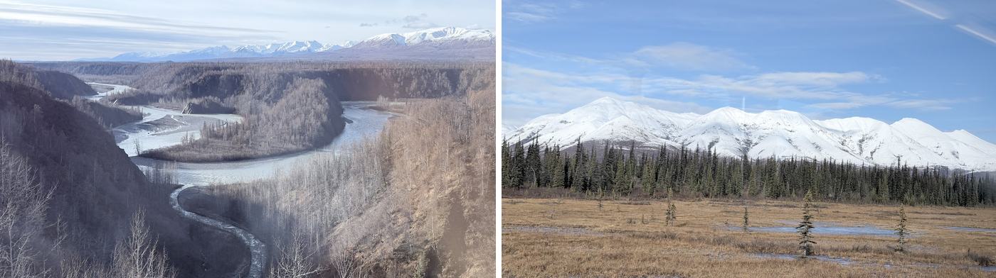 左:從列車上俯瞰河谷;右:白雪覆蓋的阿拉斯加山脈