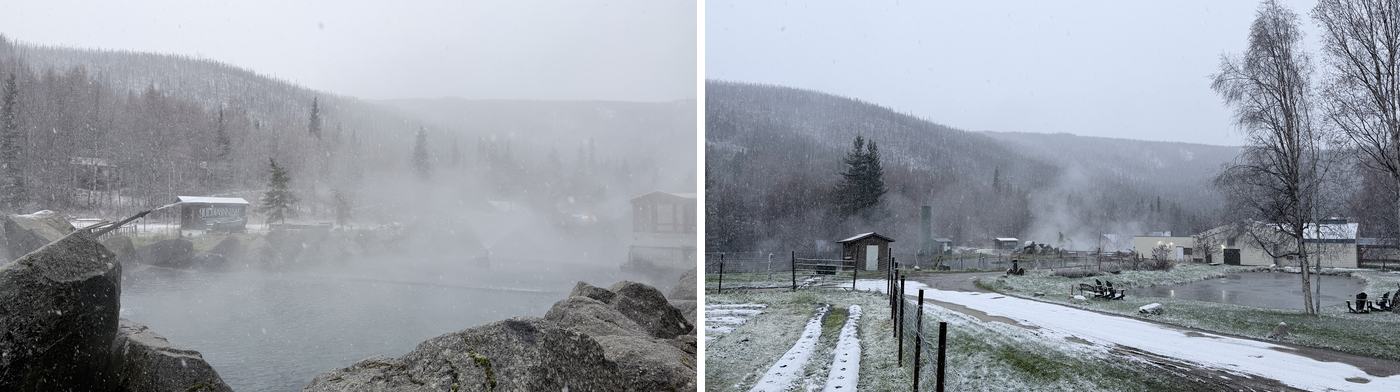 左:冒著白煙的露天溫泉 Rock Lake;右:隔天早上下雪了