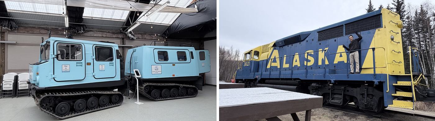 左:雪地車展示;右:度假村裡的舊火車頭
