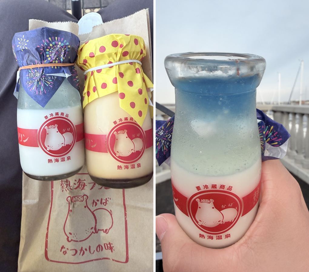 2026 年 7 月:左:熱海布丁和花火布丁;右:夏季限定的花火布丁