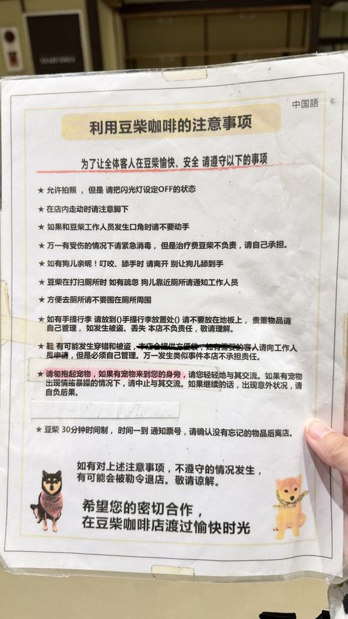 店裡提供的中文注意事項