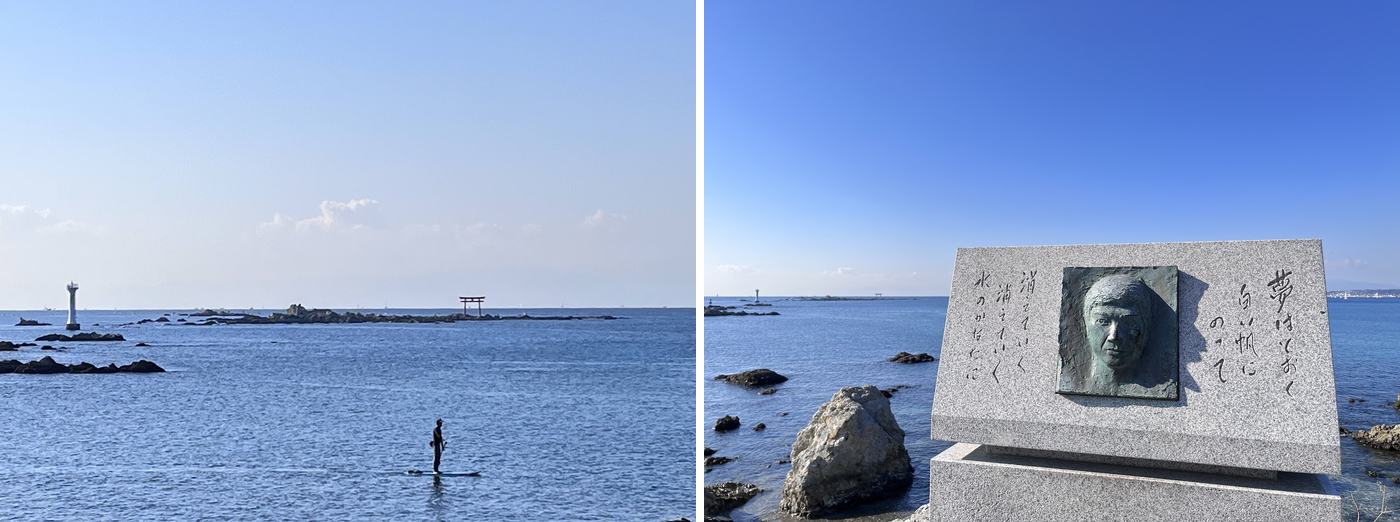 左：海上的名島鳥居和裕次郎燈塔；右：石原裕次郎紀念碑