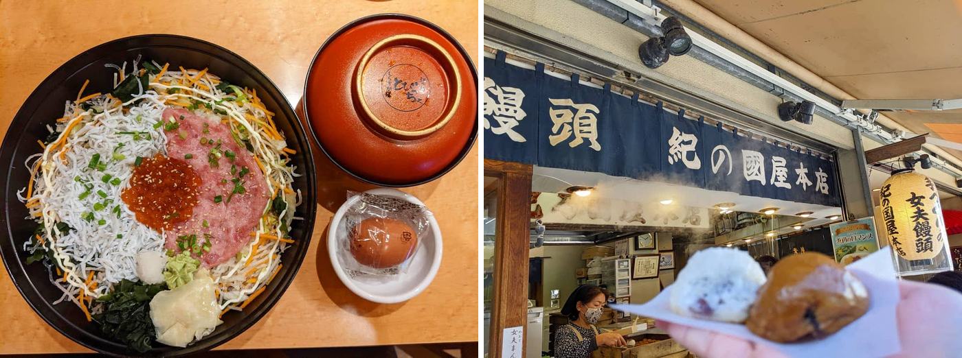 左：魩仔魚＋鮪魚丼；右：紀の國屋本店的女夫饅頭