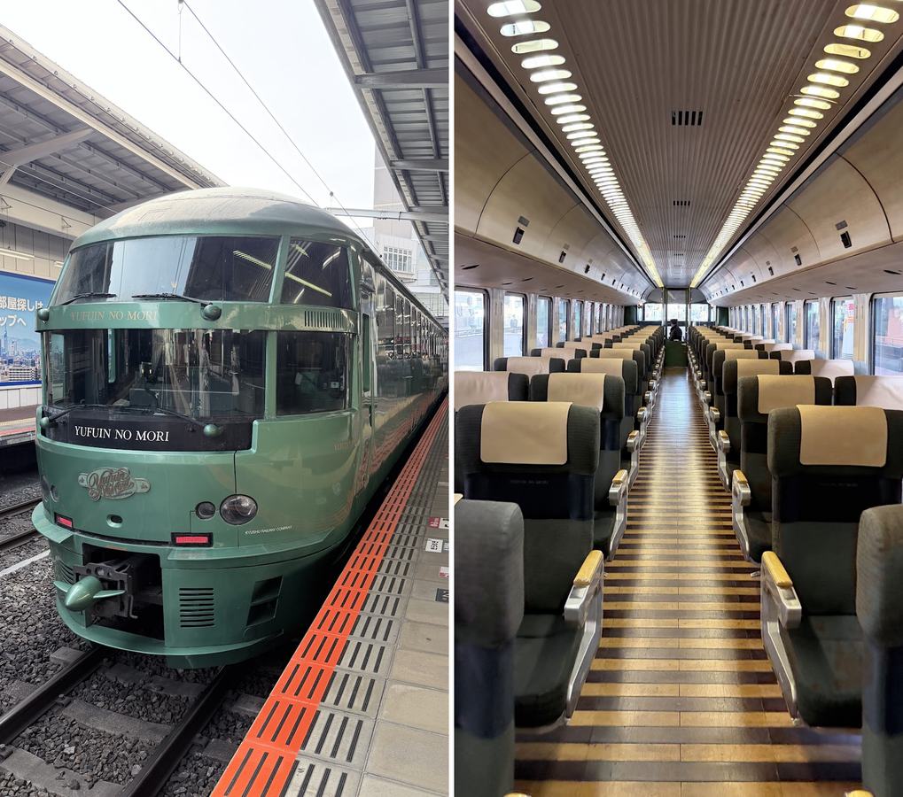 左:墨綠色的由布院之森;右:挑高的車廂