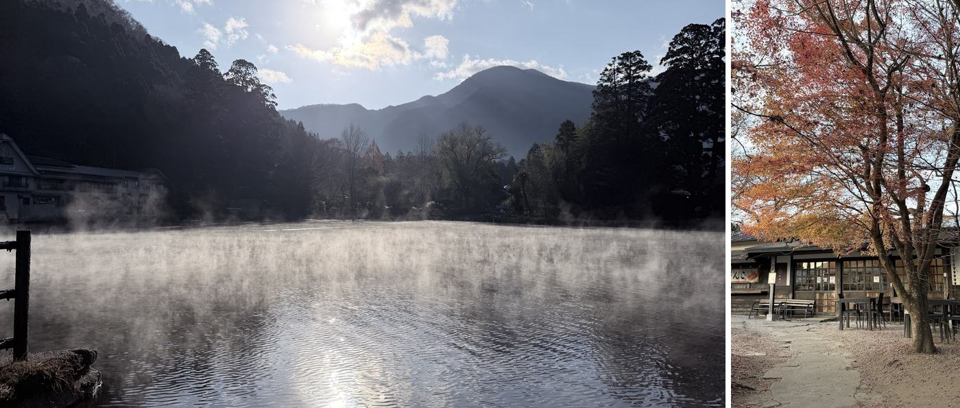 左:清晨湖面升起的霧氣;右:湖邊的紅葉