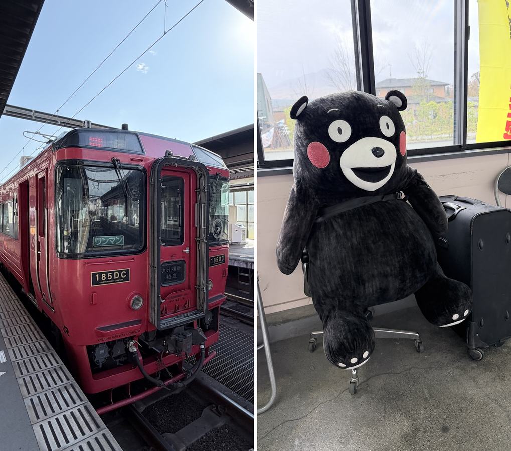左:紅色的 JR 豐肥本線列車;右:車上的熊本熊