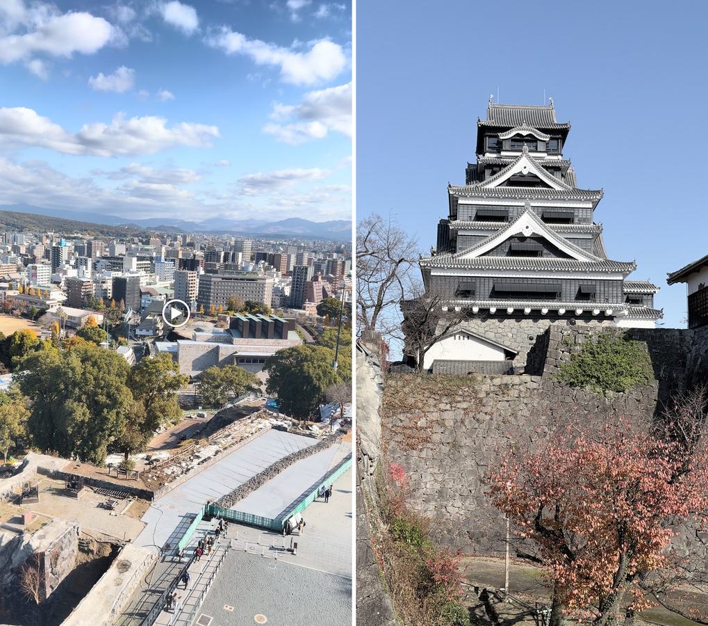 左:從天守閣看熊本市區;右:藍天下的天守閣