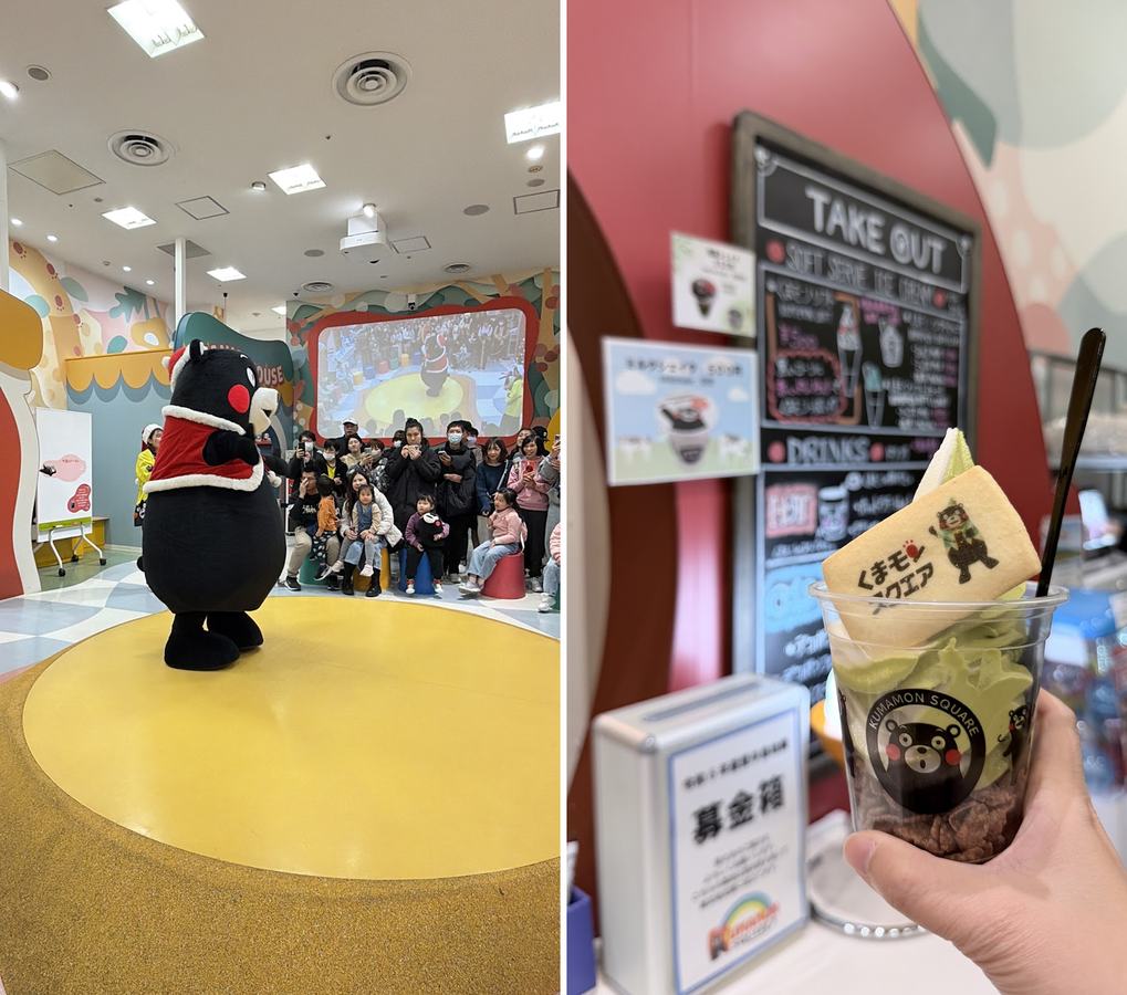 左:熊本熊登場表演;右:廣場的熊本熊飲料
