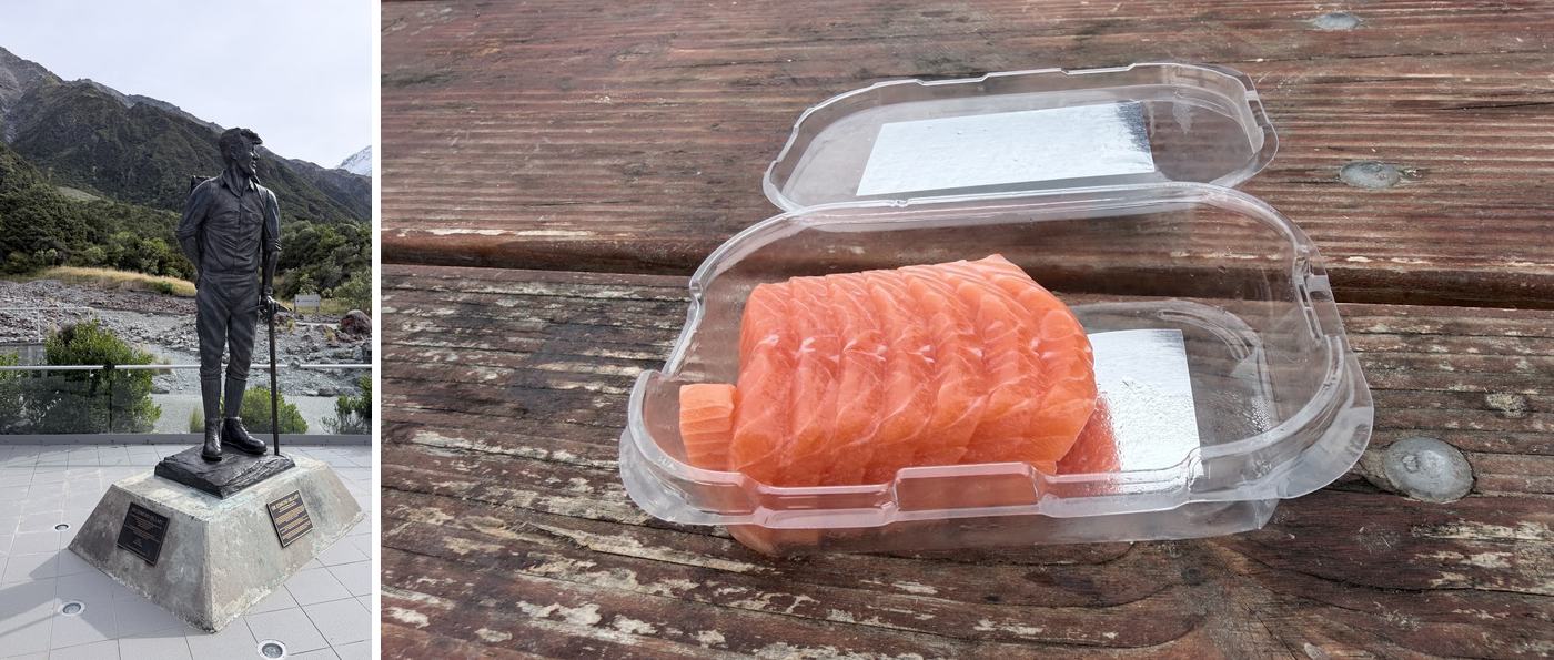 左:希拉里爵士雕像;右:庫克山高山鮭魚生魚片