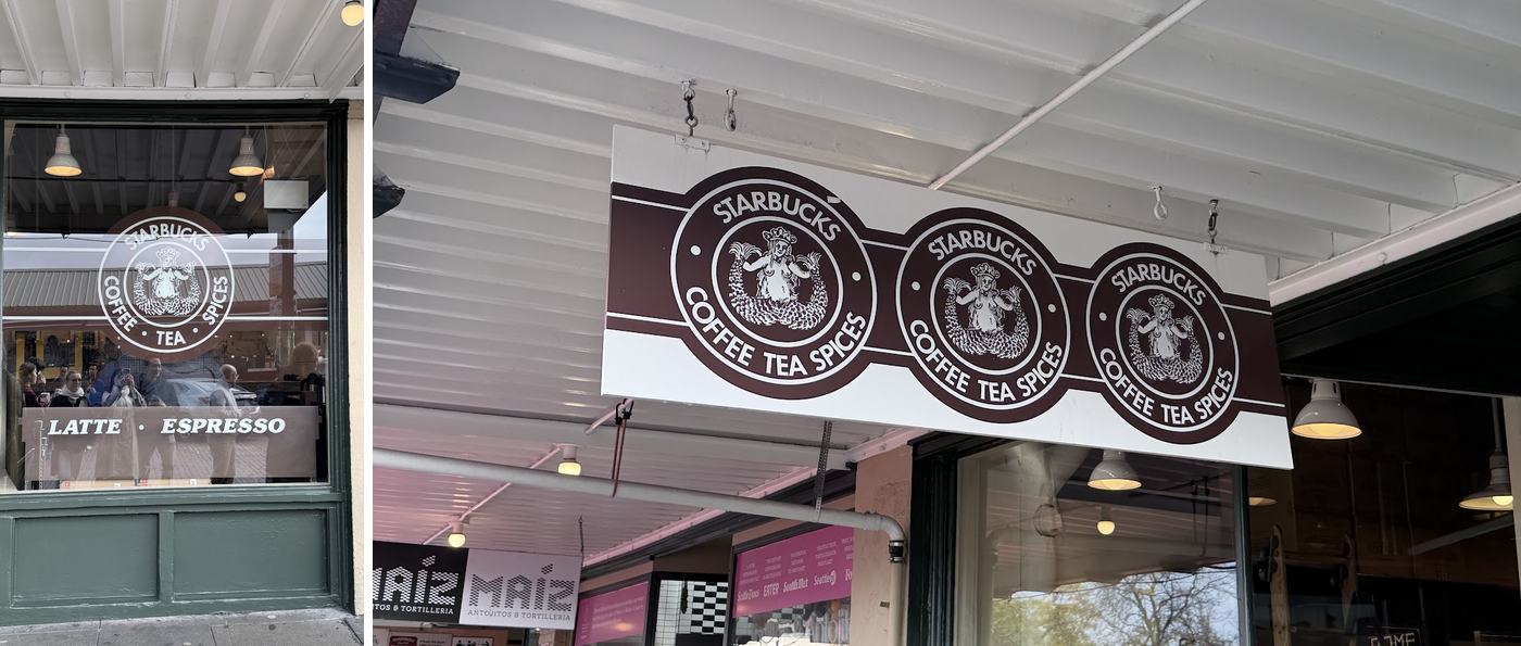 左:創始店的櫥窗;右:棕色的舊版雙尾美人魚 Logo