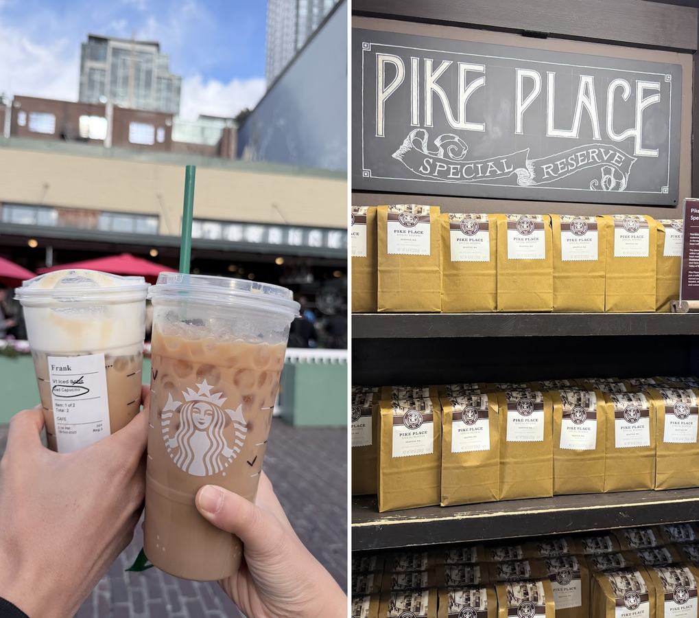 左:在派克市場喝冰拿鐵;右:Pike Place 限定咖啡豆