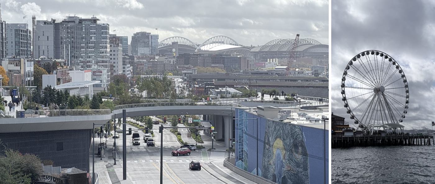 左:從 Overlook Walk 看海;右:西雅圖摩天輪 Seattle Great Wheel